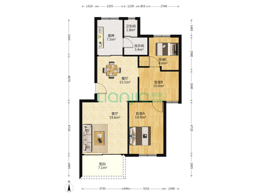 恒信花园B区 3室2厅2卫 108平方