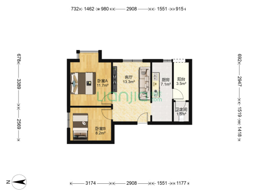 花果园J区 2室1厅1卫 60平方