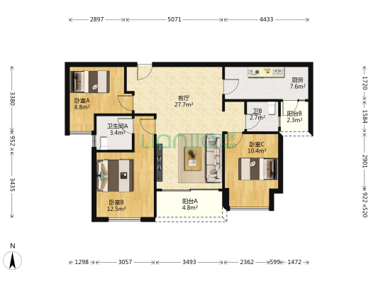 印江州琨印 3室1厅2卫 98平方