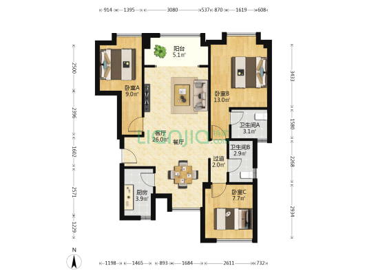 雅居乐御宾府 3室1厅2卫 92平方