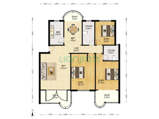 龙柏公寓 3室2厅2卫 137平方