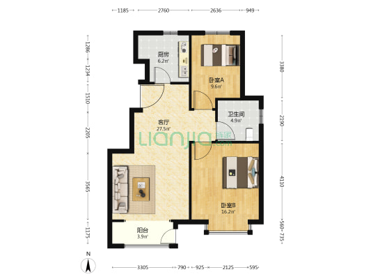 中国铁建桥馨苑 2室1厅1卫 94平方