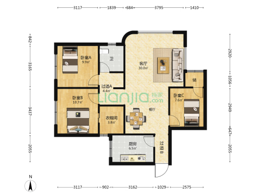 桃源花园 3室1厅1卫 88平方