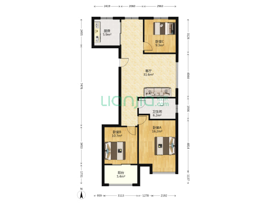 夢圓 3室1厅1卫 114平方