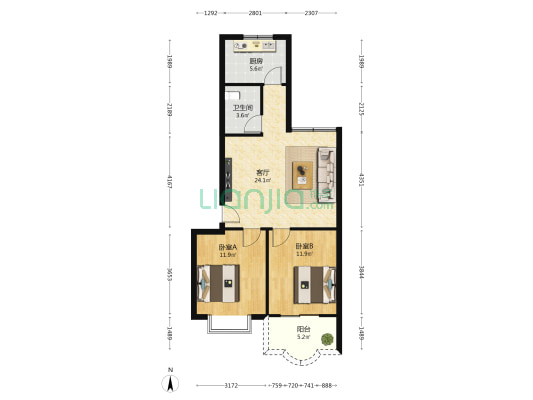 福龙公寓 2室1厅1卫 74平方