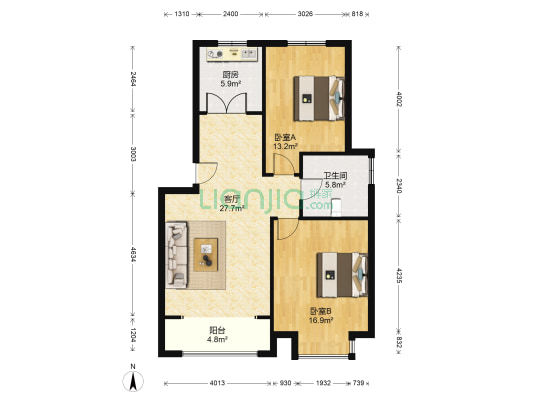 方泉苑五期C块 2室1厅1卫 93平方