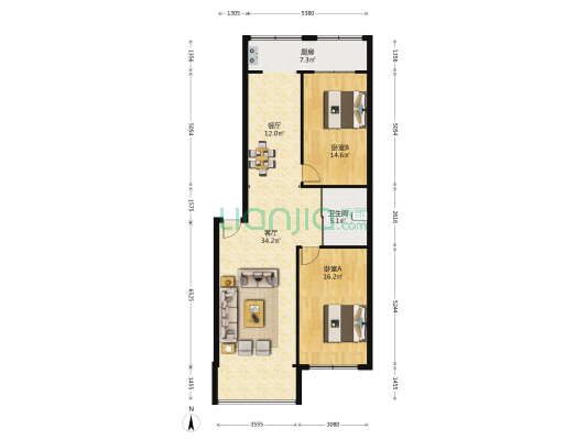 老年大学宿舍 2室2厅1卫 108平方