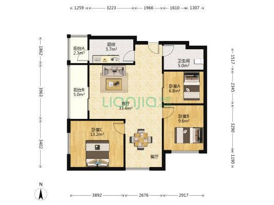 世贸广场公寓 3室1厅1卫 120平方