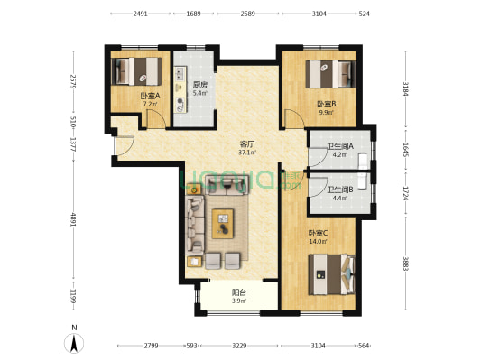 荣盛家园 3室1厅2卫 122平方