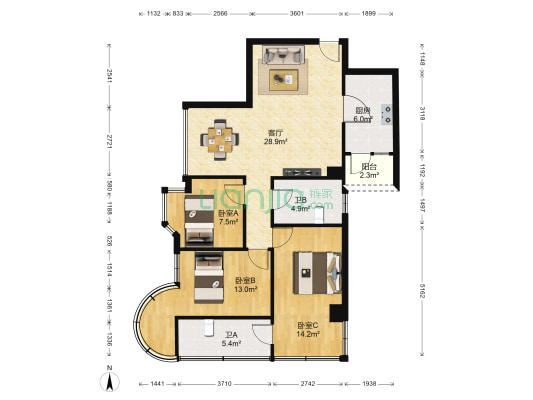 五星阁 3室1厅2卫 106平方