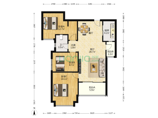 仁恒滨海半岛四期 3室1厅1卫 95平方