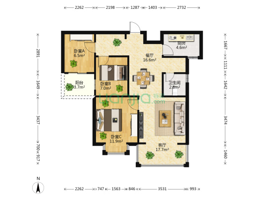 绿地云都会B区 3室2厅1卫 93平方