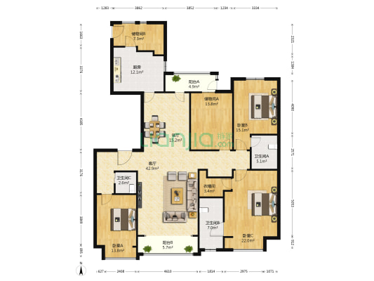 星河盛世城 3室2厅3卫 208平方