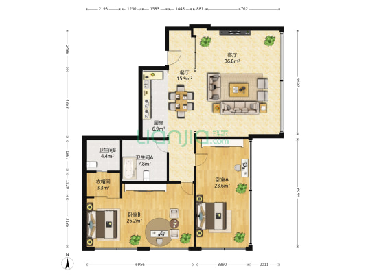 大观商业城 2室2厅2卫 171平方