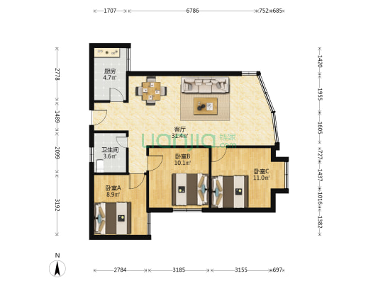 江岸丽都 3室1厅1卫 88平方