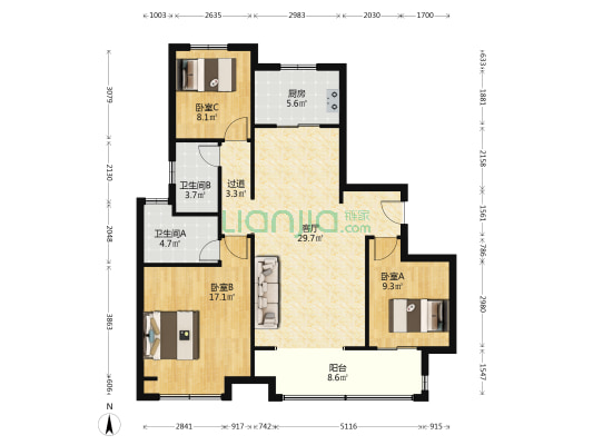 中海·淮海世家 3室1厅2卫 122平方