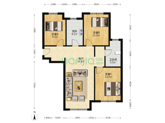 鸿坤新维港 3室1厅 南 北-户型图