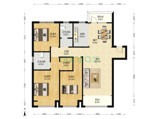 望岳园西区 3室2厅2卫 138平方