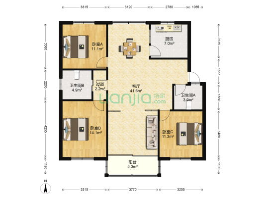 恒利新村东二区 3室1厅2卫 129平方