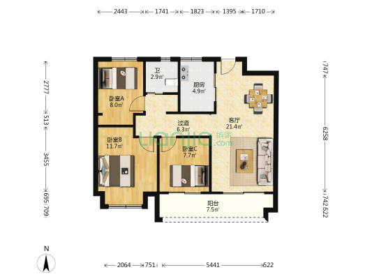 银城·长江赋 3室1厅1卫 97平方