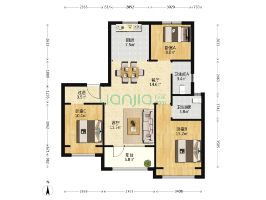 青岛印象·春 3室2厅2卫 117平方