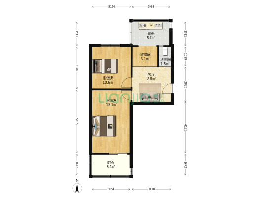 铁一中宿舍 2室1厅1卫 56平方