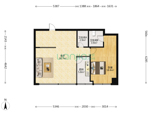 南洋大厦 1室1厅2卫 103平方