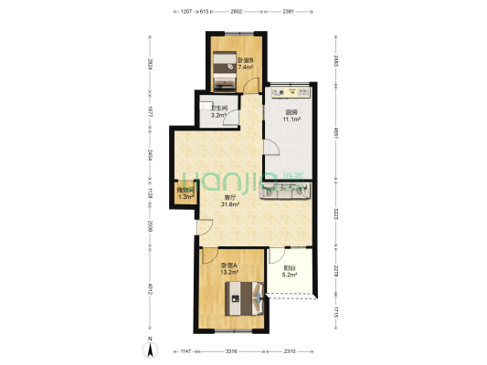 八达路商住楼 2室1厅1卫 89平方