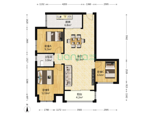 天工睿城 3室1厅1卫 89平方