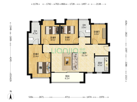 金地龙湾壹号 4室1厅2卫 109平方