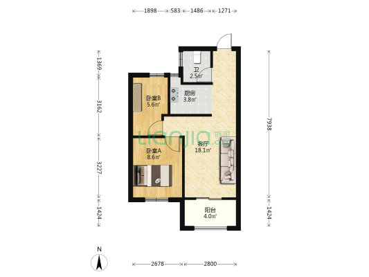 国贸象屿星璟原A区 2室1厅1卫 60平方