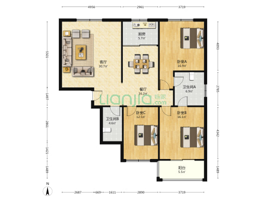 仁达嘉苑 3室2厅2卫 154平方