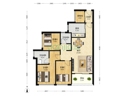 珠江·花屿花城 3室1厅2卫 89平方