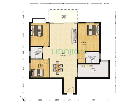 华桂园 3室1厅2卫 138平方