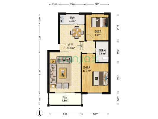 绿岛花园南区 2室1厅1卫 88平方