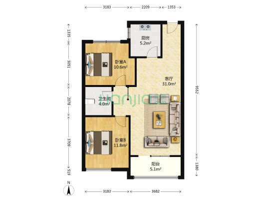 星火阳光四季四期 2室1厅1卫 93平方