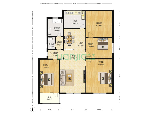 东方小区 3室2厅2卫 158平方
