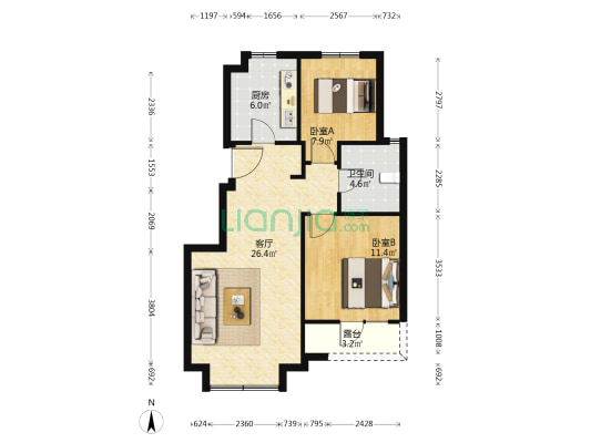 保利时代C10区 2室1厅1卫 78平方