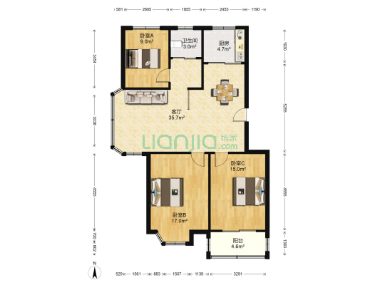 宏都花园 3室1厅1卫 105平方