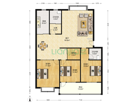 鲁光家园 3室1厅2卫 160平方