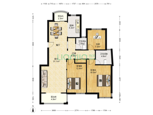 优山美地花园南区 3室1厅2卫 118平方