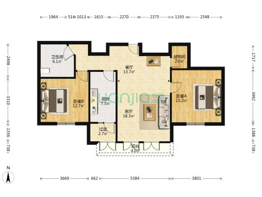恒大星级公寓一期 2室2厅1卫 107平方