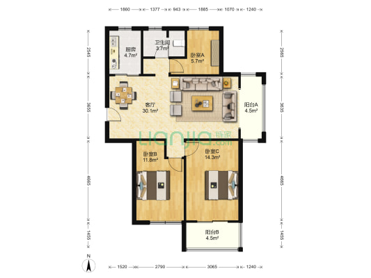 天一仁和城 3室1厅1卫 111平方