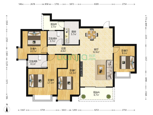 振业邕江雅苑 4室1厅2卫 136平方