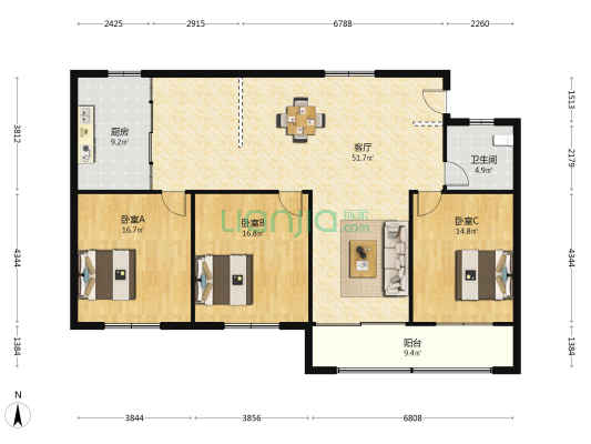 金海世纪花园 3室1厅1卫 151平方