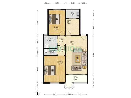 世纪花苑 2室2厅2卫 95平方