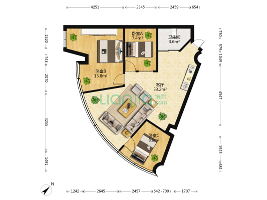 富春城市公寓 3室1厅1卫 94平方