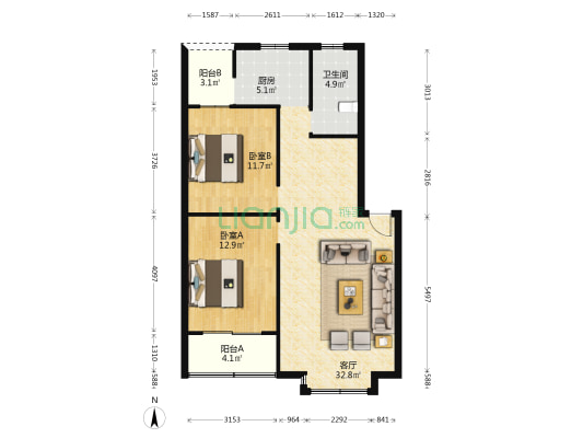 福康自有自宅 2室1厅1卫 88平方