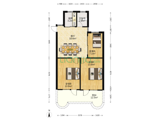 闽江学院学生公寓楼 3室1厅1卫 91平方