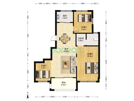 雍熙山庄 3室1厅1卫 88平方
